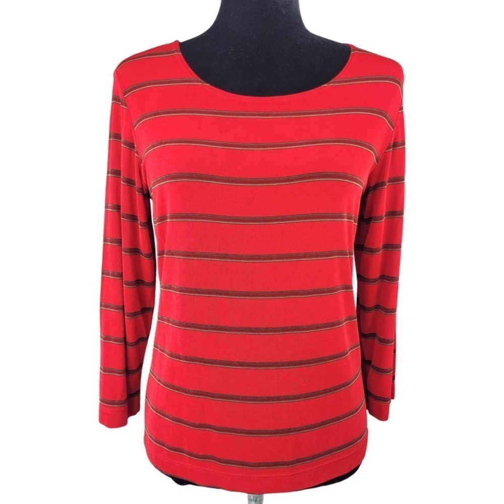 ✅ Chico’s Travelers Woman’s red with black stripes blouse top size 0 Small